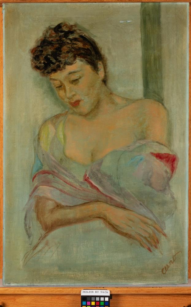 A woman with curly hair and bare shoulders looks down pensively, draped in a pastel-colored cloth, painted in soft, muted tones.