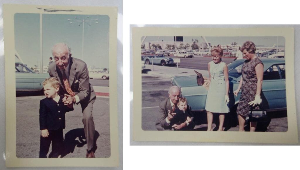 Two vintage photos show adults and a child standing in a parking lot beside a light blue car, with buildings and parked cars in the background.