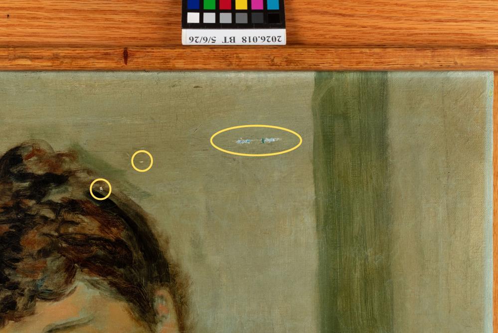 Close-up of a painting’s upper corner showing three small areas of paint damage circled in yellow, next to a wooden frame and a color calibration card at the top.