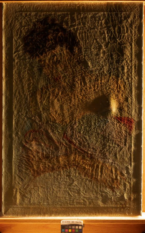A textured, aged painting with barely visible figures illuminated by yellow light; a color calibration card is placed below the artwork.
