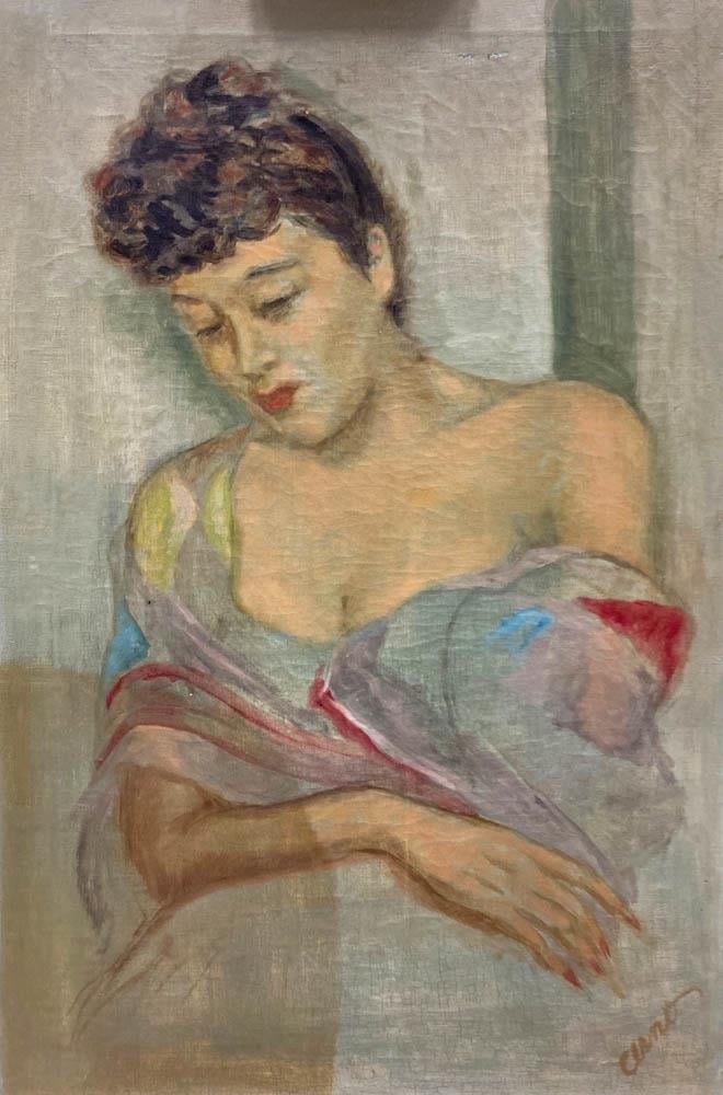 A woman with dark hair looks down, partially draped in a light, colorful shawl with soft brushstrokes. The background is muted and simple.