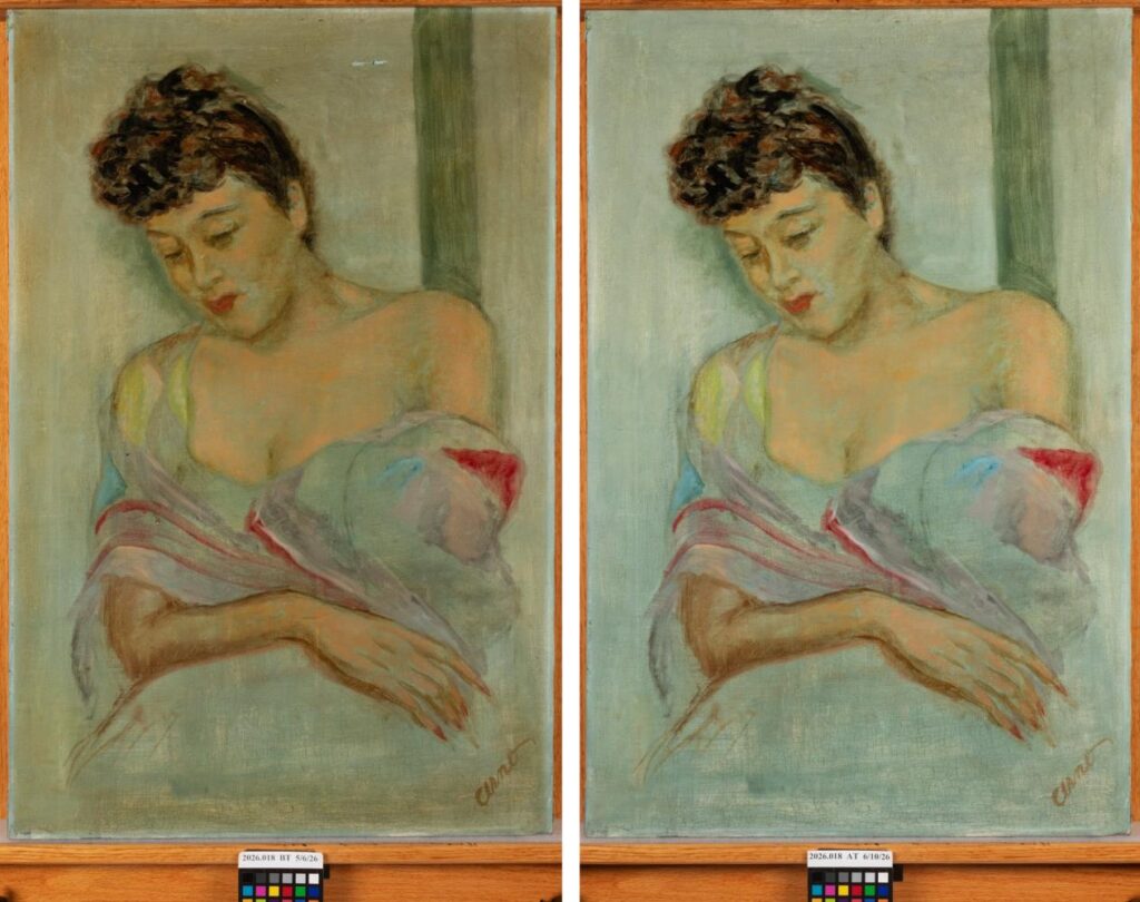Side-by-side comparison of an oil painting showing a woman with dark hair draped in fabric, with a color reference card at the bottom of each.