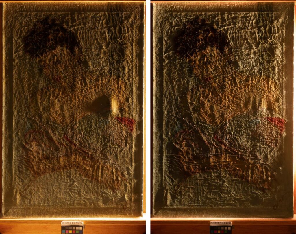 Before and after photographs of a textured, abstract textile artwork, showing the results of conservation treatment.
