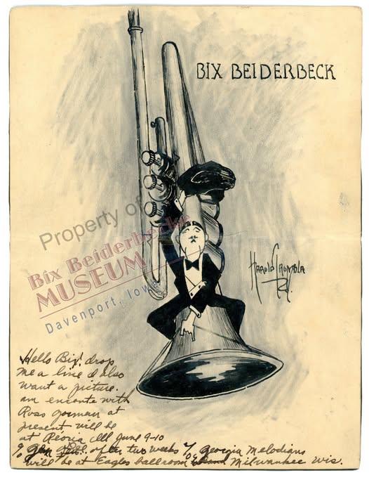 Black and white drawing of a man in a tuxedo sitting inside a large brass instrument, with the text “Bix Beiderbecke” above and handwritten notes below.