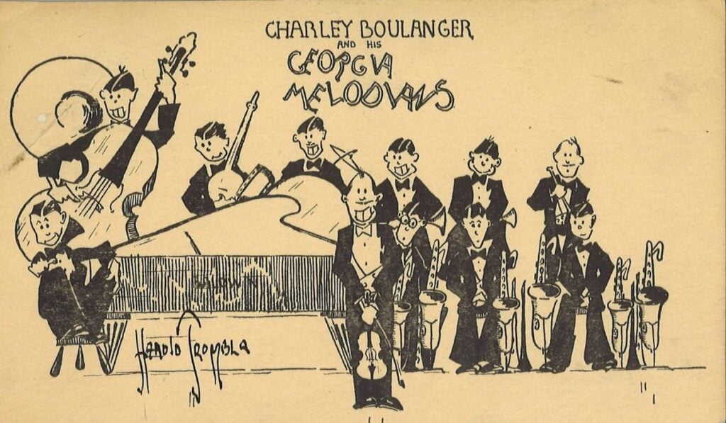 Cartoon drawing of a jazz band with various instruments, labeled “Charley Boulanger and His Georgia Melodians” above the musicians.