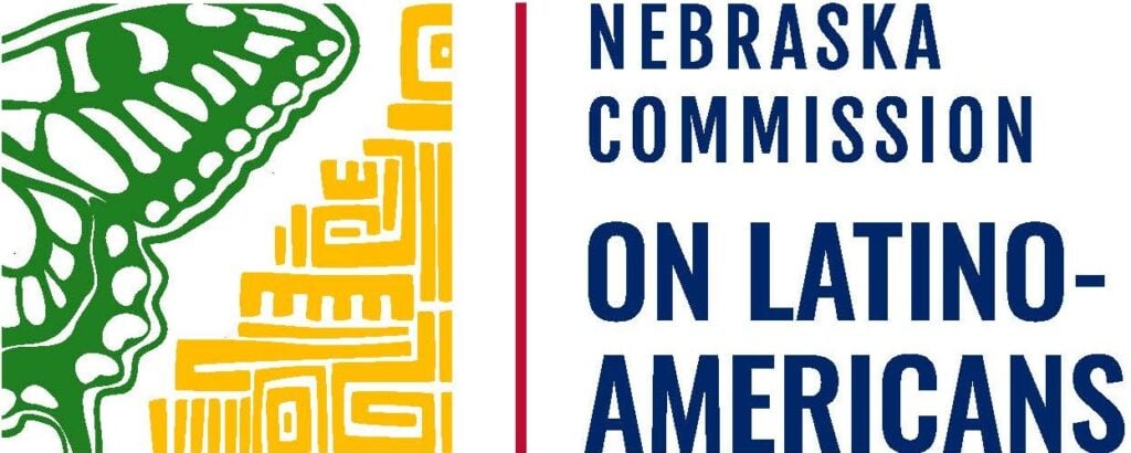 Logo for the Nebraska Commission on Latino-Americans with a green butterfly wing and yellow geometric shapes on the left, and the organization’s name in blue text on the right.