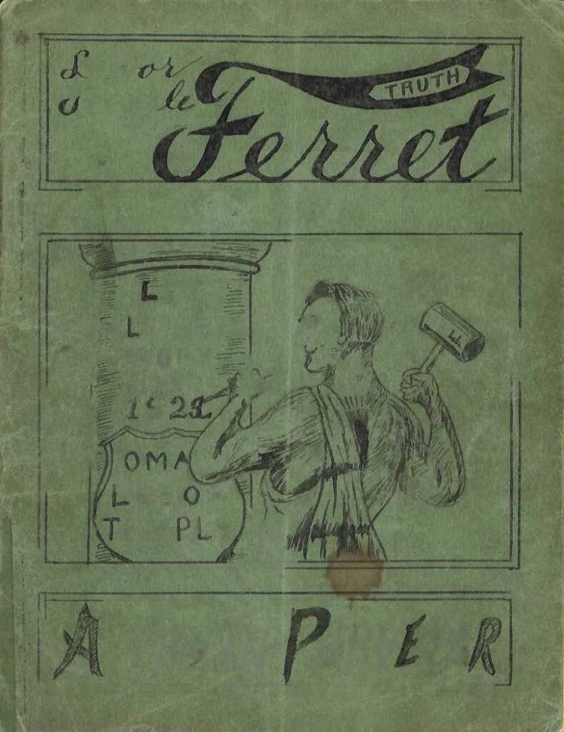 Cover art for “L’or le Ferret Truth” featuring a drawing of a person holding a mallet near a column, with the word “APER” at the bottom.