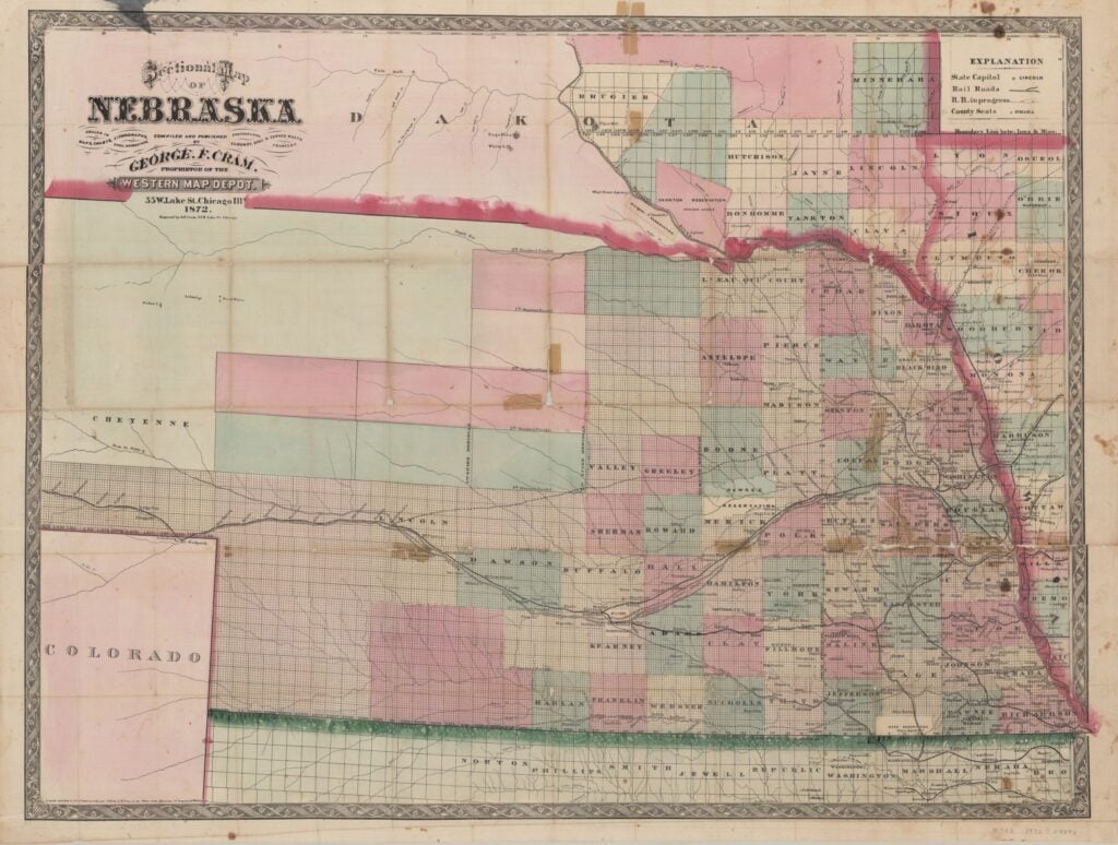 An 1872 sectional map of Nebraska showing county boundaries, railroads, and major towns.