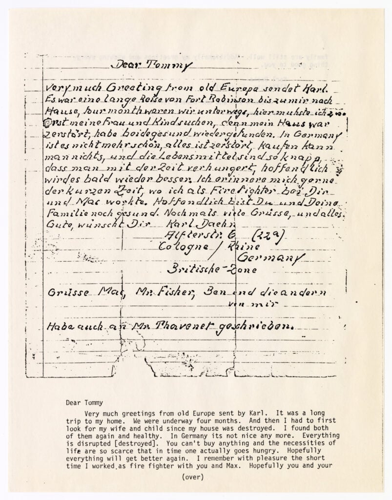 A handwritten letter from Karl to Tommy, dated from post-war Germany, with a printed transcription included below it.